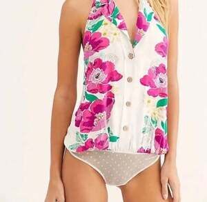 Free People Offshore Floral Halter Bodysuit in Ivory Combo